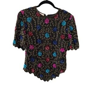 Vtg 90s Laurence Kazar Floral‎ Sequin 100% Silk Blouse Size Medium